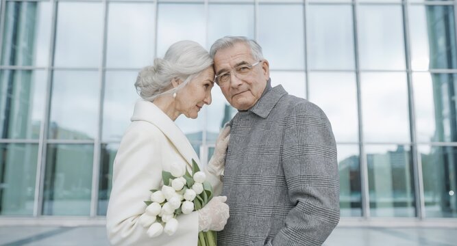 Elderly couple posing together outdoors by glass building, woman holding bouquet of white tulips while man looks at camera in formal winter outerwear