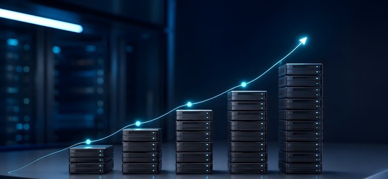 Stacked computer servers forming a rising bar graph with a glowing upward arrow representing data center growth and network performance success.