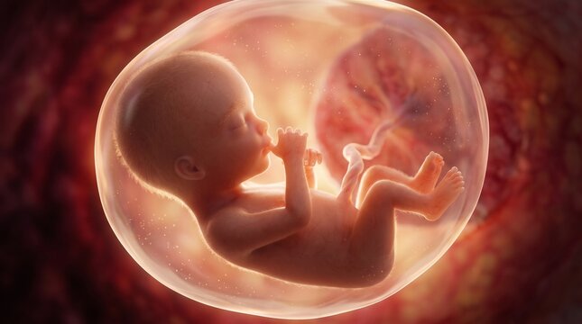 A breathtaking 3D view of a 15-16 week human fetus floating safely in the amniotic sac. Discover the miracle of the second trimester, featuring delicate fingers, toes, and developing facial details.