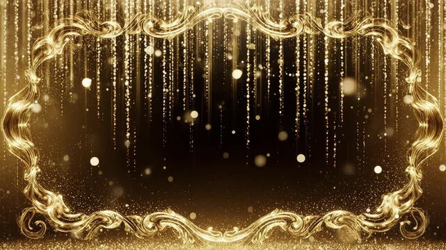 Elegant gold ornate frames with falling glitter during a luxurious celebration