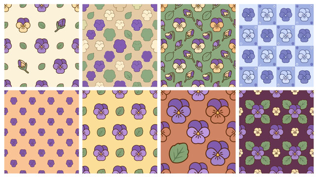 Collection of pansy flower patterns in various colors.