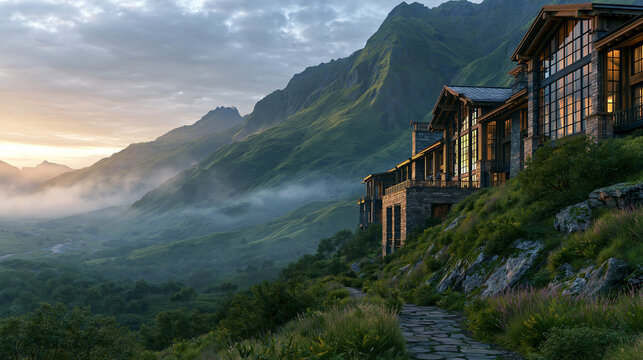 Boutique stone lodge on steep grassy mountain slope at dawn with stone pathway and fog.