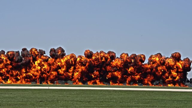 Massive Explosion Erupts at Military Air Base During Airshow Demonstration. Slow Motion.