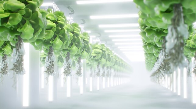 Indoor aeroponic farming rows with hanging green plants in a bri