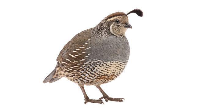 California quail bird isolated on white background. Wild Gambel quail with brown feathers and topknot. Game bird wildlife photography.