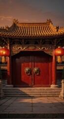 Obraz premium Traditional chinese temple gate with carved red doors and hanging lanterns, stone steps and ornate tiled roof illuminated at dusk in historic courtyard