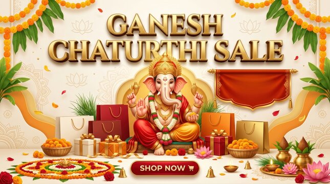 Ganesh chaturthi sale promotional featuring a central of lord ganesha, surrounded by gift bags, marigold garlands, lotus flowers, and a red banner on a light beige background