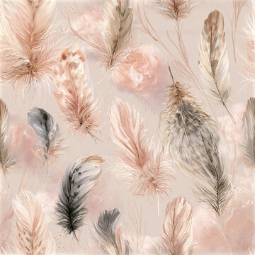 Soft feather pattern with hand painted floating feathers in beige and brown tones creating gentle and elegant design