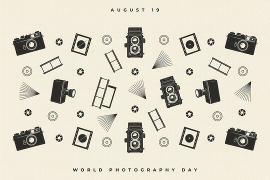 Day pattern with vintage cameras, rolls, camera lenses, and abstract light rays on a light beige background texture