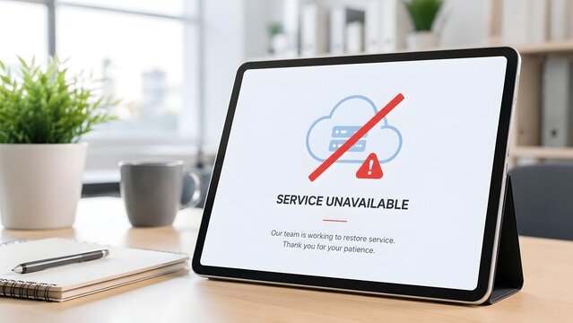 Tablet displaying service unavailable error message with crossed out cloud icon on office desk representing server downtime and connection issues.