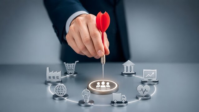 Businessman aiming red dart at glowing target audience icon surrounded by interconnected 3D business symbols representing global strategy.