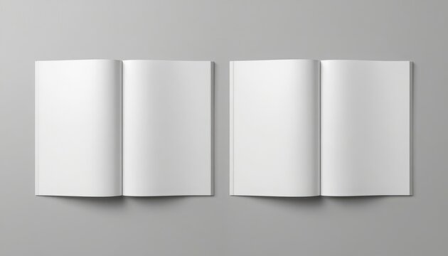 Two blank open magazines or brochures mockup on a gray background, top view, high quality template for branding and design presentation