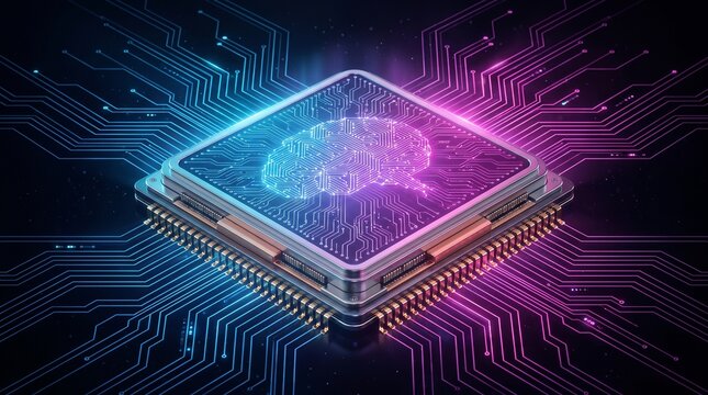 Artificial intelligence processor with glowing brain circuit design