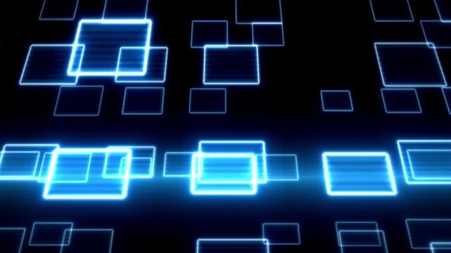 Floating cyan blue square grid tiles sliding in 3D perspective with neon light flares in a seamless 4K looping animation for cyber technology presentations, data processing displays, and modern UI bac