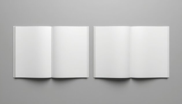 Two open blank books or brochures with white pages lying on a neutral grey background, top view, mockup for design presentation