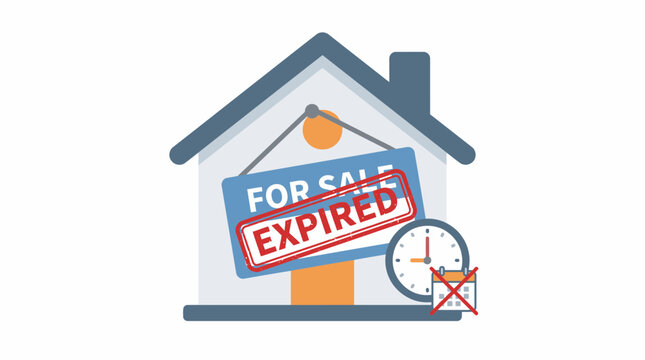 Expired real estate listing concept vector illustration with a house, for sale sign, red expired stamp, clock, and calendar. Design for property market, housing, and real estate agencies.