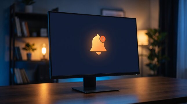 Computer monitor with notification bell icon in a cozy room