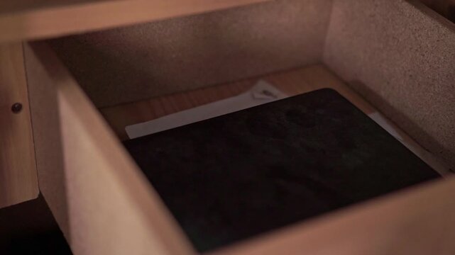 Human hand opening furniture drawer to save a document. Indoor lifestyle, home organization, and everyday action.