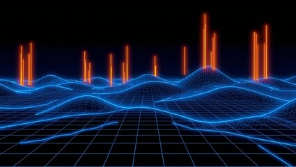 Naklejka premium Abstract digital landscape with glowing blue waves and orange vertical bars on a dark grid background