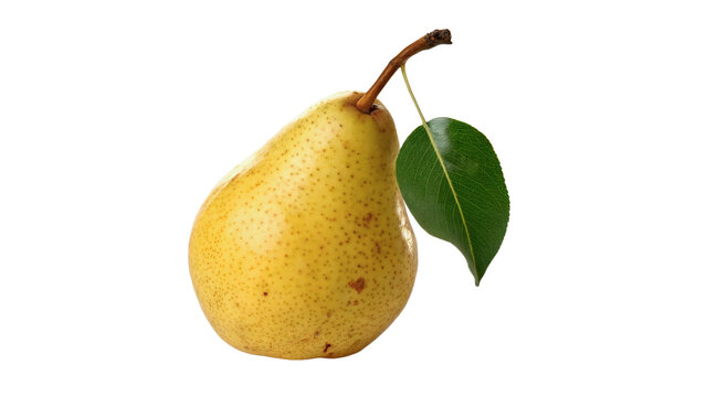 Single ripe yellow pear with fresh green leaf sweet juicy autumn fruit isolated on transparent background