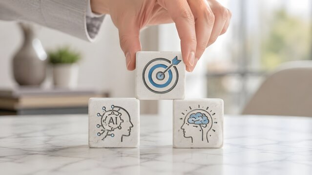 Hand stacking stone blocks with target symbol over artificial intelligence and human mind icons, strategic AI implementation concept.