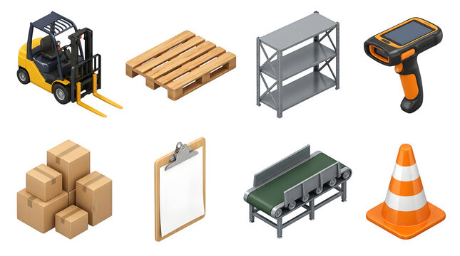 Warehouse logistics elements including forklift pallet shelving scanner boxes clipboard conveyor belt and cone isolated on transparent background