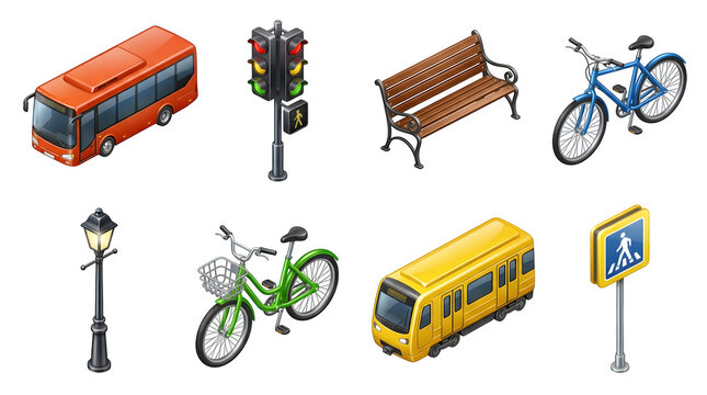 Isometric urban transport and street furniture collection with bus bicycle bench traffic light and Isolated on transparent background