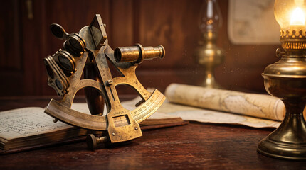 Obraz na płótnie Canvas Antique brass sextant resting on a wooden desk with a map and oil lamp