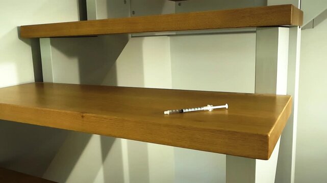 Abandoned syringe with heroin or another illegal narcotic lying on the wooden steps of a modern home staircase, symbolizing the tragic reality of drug addiction, abuse, and dependency