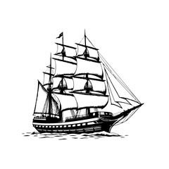 Classic vintage sailing ship silhouette vector illustration featuring a large tall ship with detailed sails navigating on the open sea ocean. © SarfarazAhmed