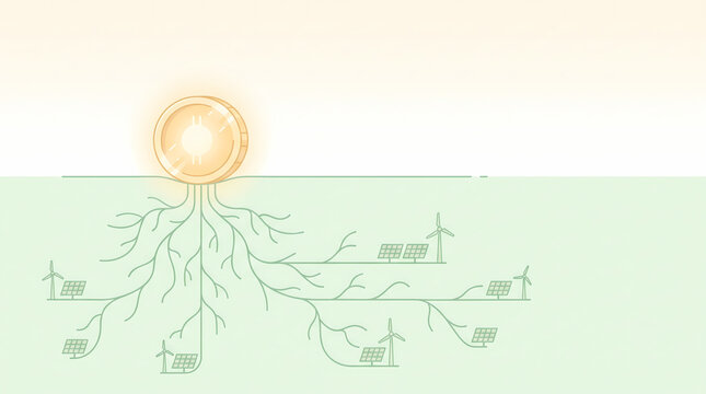 Conceptual illustration of a glowing coin sprouting roots into renewable energy sources