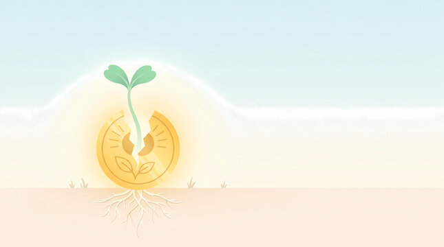Conceptual illustration of a golden coin sprouting a green plant and roots