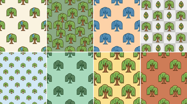 Weeping willow and tree seamless autumn patterns.