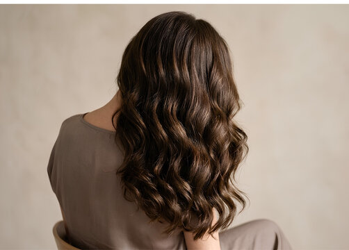 Young woman with long dark wavy hair seen from behind in a studio portrait