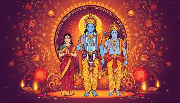 Divine trio digital illustration radiant traditional attire ornate floral background glowing oil lamps celebration with illustration three figures