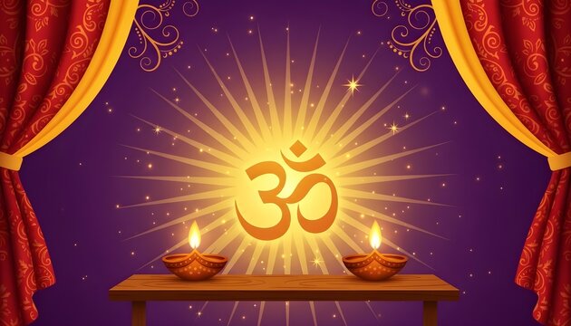 Glowing sacred symbol with traditional oil lamps framed by elegant red curtains for festive celebration with spiritual symbol radiating against purple backdrop