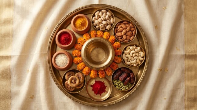 Traditional Diwali Puja Thali with Brass Diya, Sweets, Flowers and Indian Festival Offerings from Top View