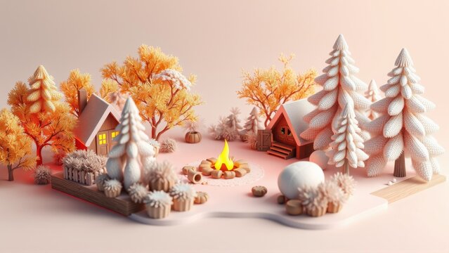 Cozy winter scene. Small cabins, trees, snowballs, fire pit. Warm colors, minimalist style, peaceful atmosphere.