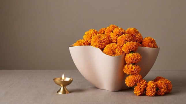 Golden Marigold Flowers in Decorative Bowl with Brass Diya Lamp for Diwali Festival Celebration