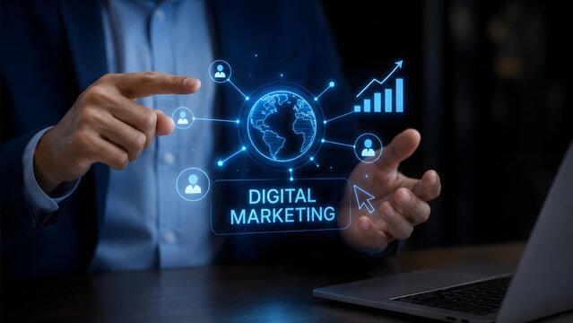 Business professional analyzing digital marketing data with glowing holographic projections