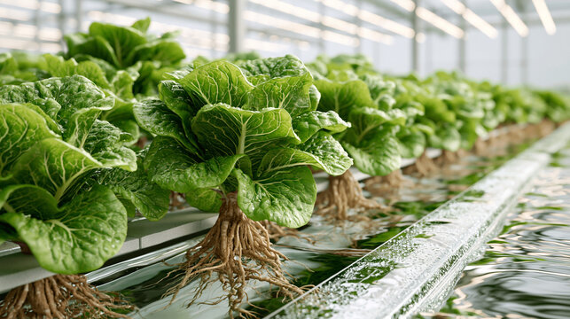Close up view of hydroponic lettuce rows growing in modern indoor greenhouse facility.