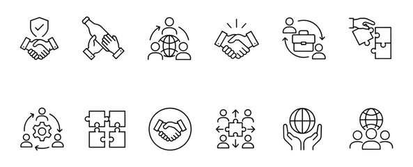 Fototapeta premium Business Partnership Icons: A collection of line icons illustrating key business concepts like teamwork, global connection, handshake, deal, and collaboration.