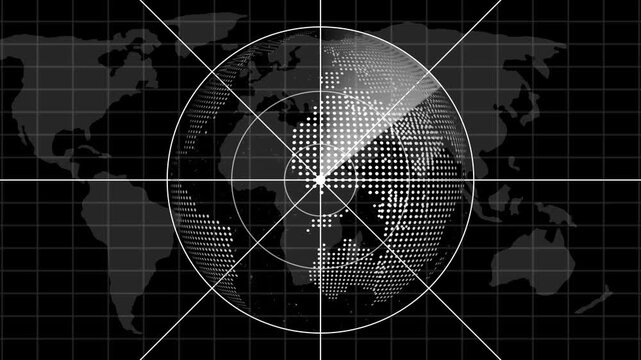 Digital radar scanning earth globe animation, global technology network interface, futuristic data monitoring and cyber security background