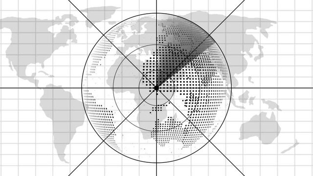Digital radar scanning earth globe animation, global network connectivity and data tracking concept technology