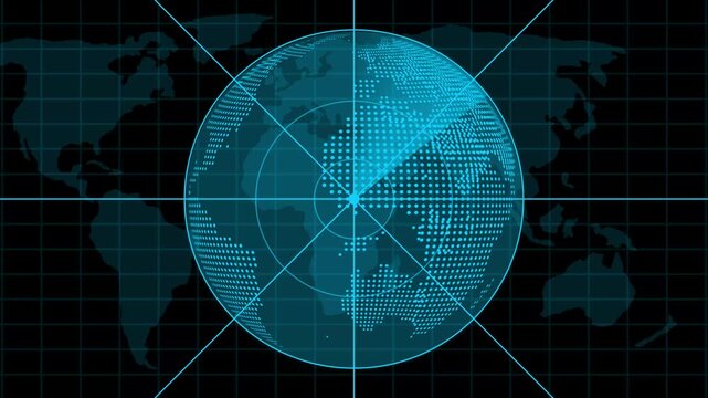 Digital earth globe radar scan hud animation, futuristic global network technology background, data tracking interface, cyber security concept
