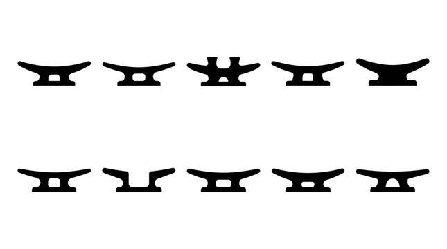 Marine cleat silhouettes set, nautical boat dock cleats vector icons, black maritime hardware symbols for sailing and harbor design