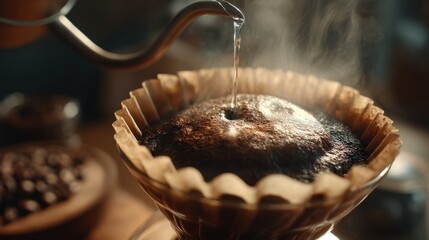 Fototapeta premium Pour over coffee brewing process with steaming grounds.