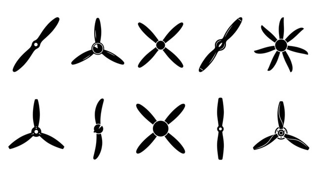Vintage airplane propeller icons set, black aircraft airscrew silhouettes, 10 aviation engine fan blade vector elements for logo design