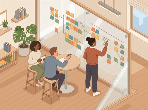 Small team brainstorming session sticky notes glass wall isometric illustration