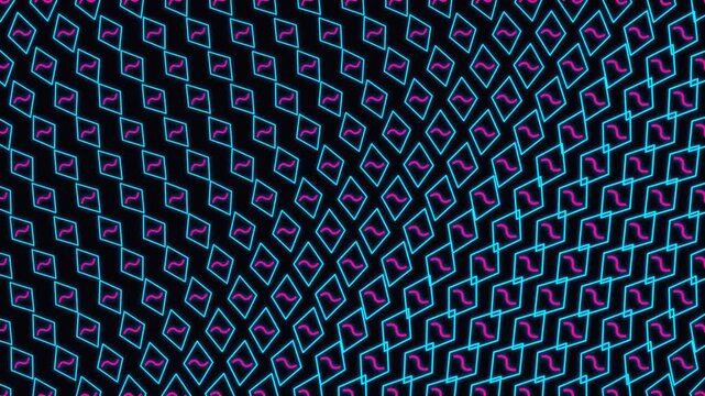 Abstract Retro Neon Pattern with Blue Diamonds and Pink Squiggles on Black Background for Synthwave and 80s Inspired Graphic Design Projects